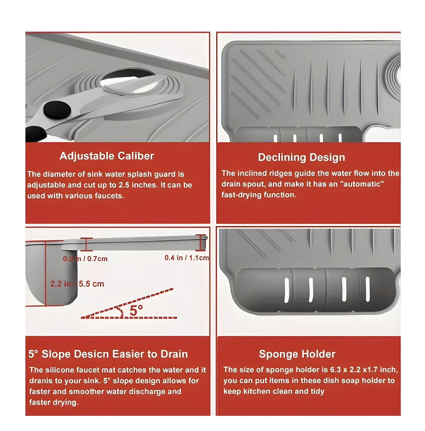 Escurridor de silicona gris para grifo de cocina. Muestra ajustes, drenaje inclinado, medidas y compartimento para esponja.