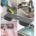Escurridor de silicona gris para grifo de cocina y baño, con compartimentos para esponja y jabón.