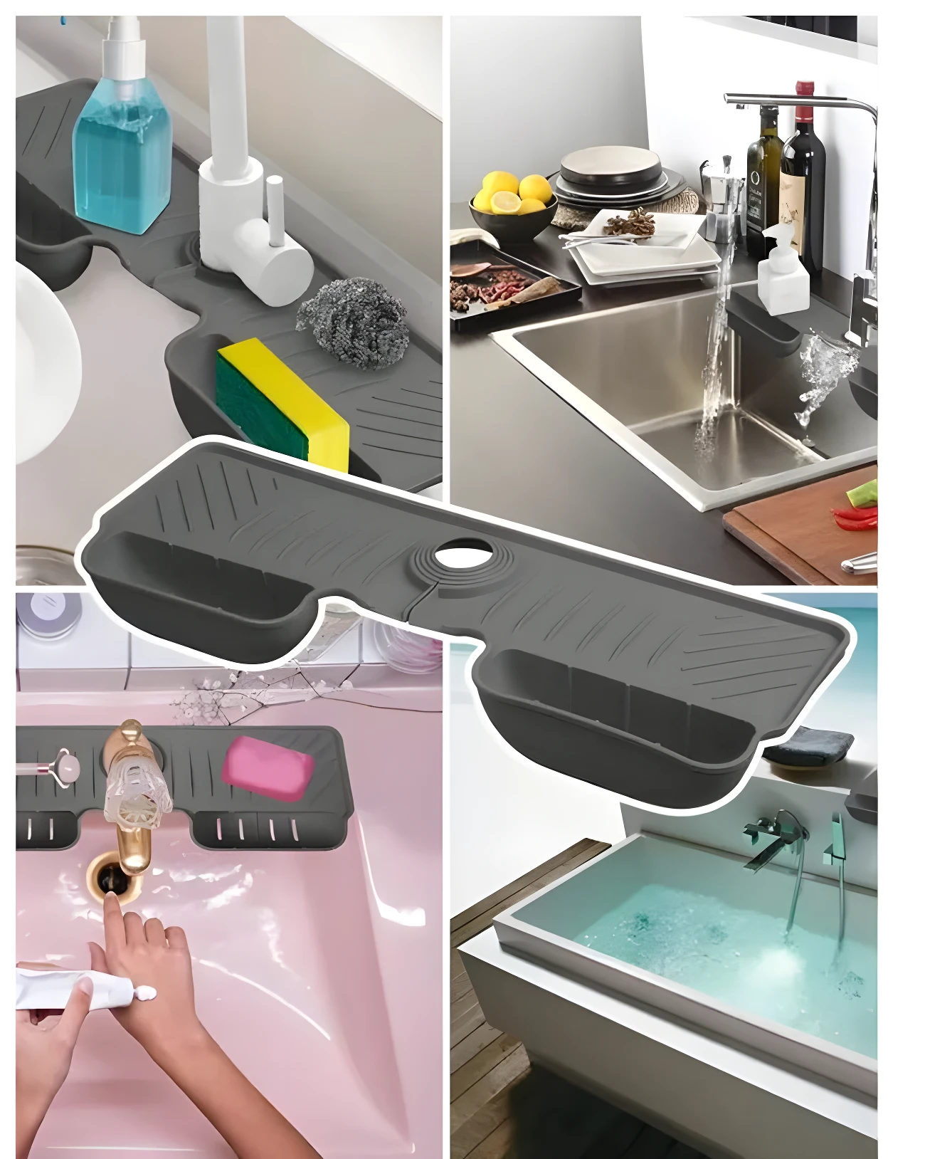 Escurridor de silicona gris para grifo de cocina y baño, con compartimentos para esponja y jabón.