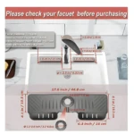 Escurridor de silicona gris para grifo de cocina/baño con medidas detalladas para encimeras secas y jabón.