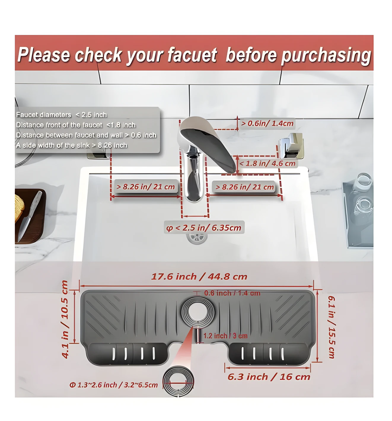 Escurridor de silicona gris para grifo de cocina/baño con medidas detalladas para encimeras secas y jabón.