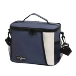 Lonchera térmica azul marino con logo "Tasty Food", compartimento de malla lateral y correa ajustable.