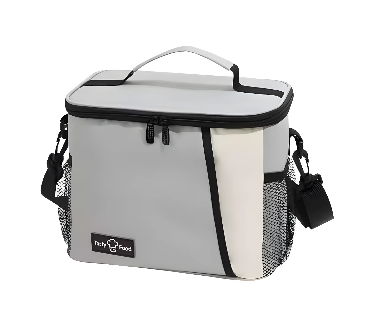 Lonchera térmica gris y blanca con malla lateral, asa superior y correa, ideal para mantener alimentos.
