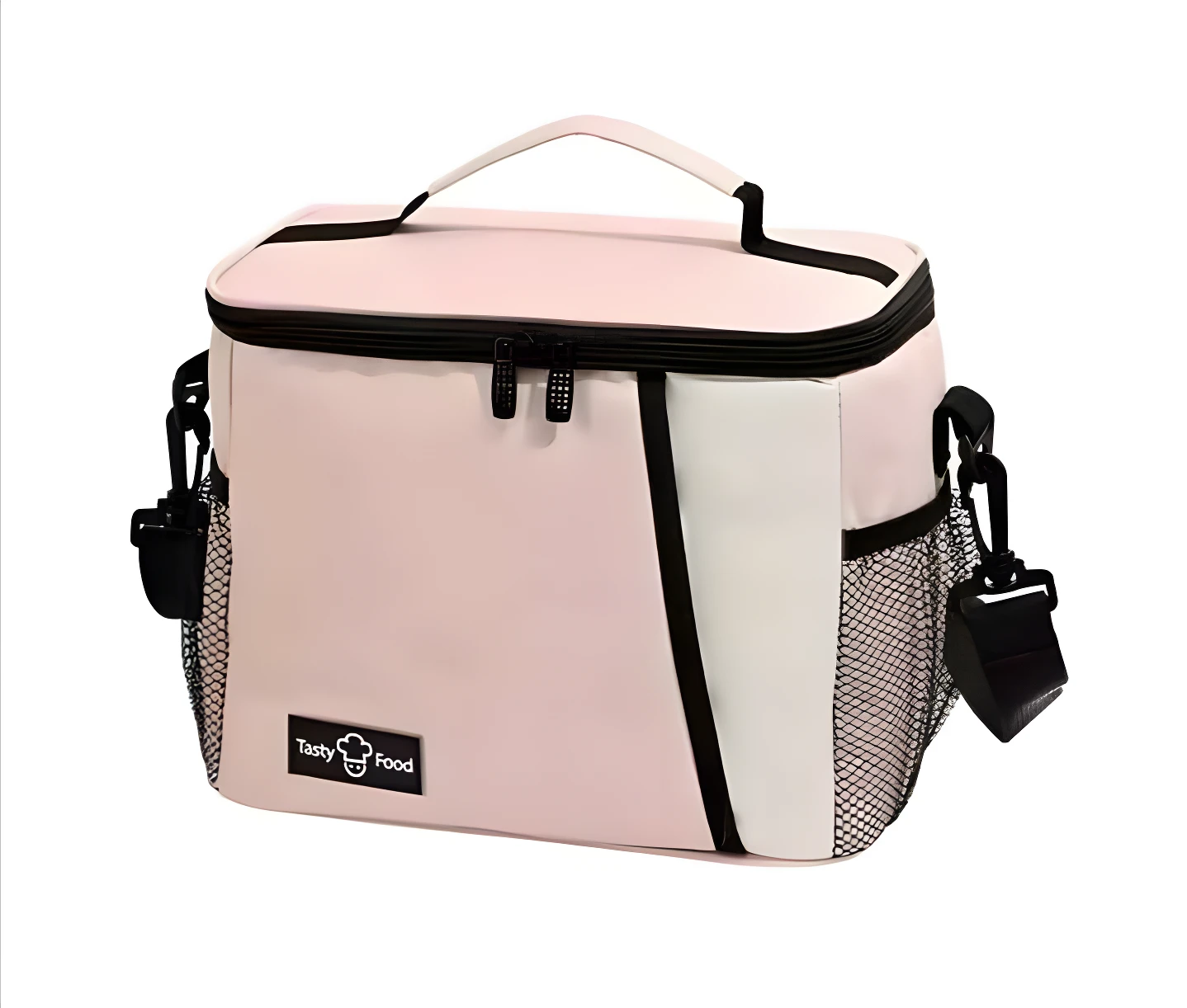 Lonchera térmica rosa pastel con compartimento lateral de malla y correa ajustable para mantener alimentos frescos o calientes.