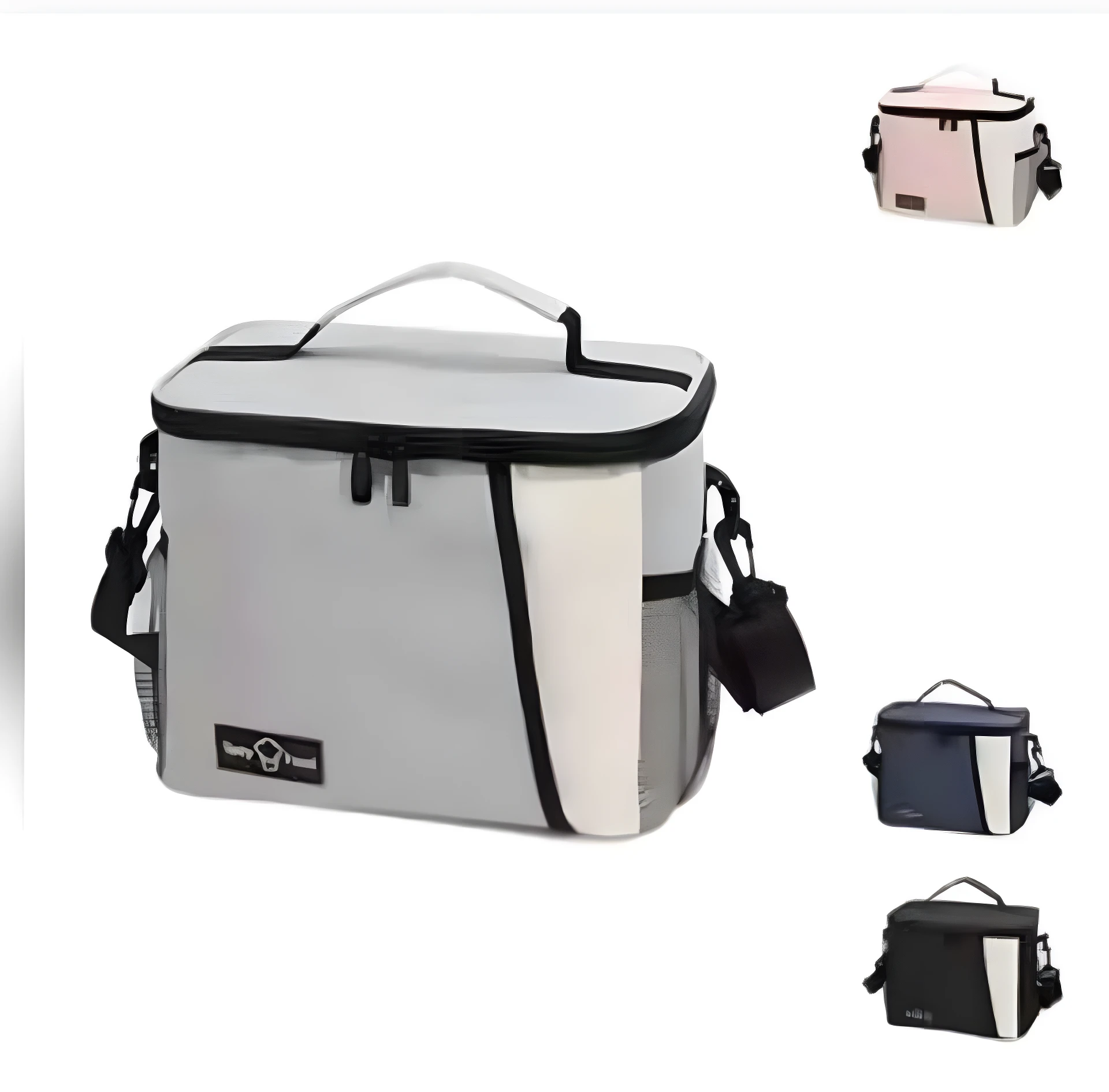 Lonchera térmica gris y blanca, con correa y compartimento de malla. Muestra variantes rosa, azul marino y negra.