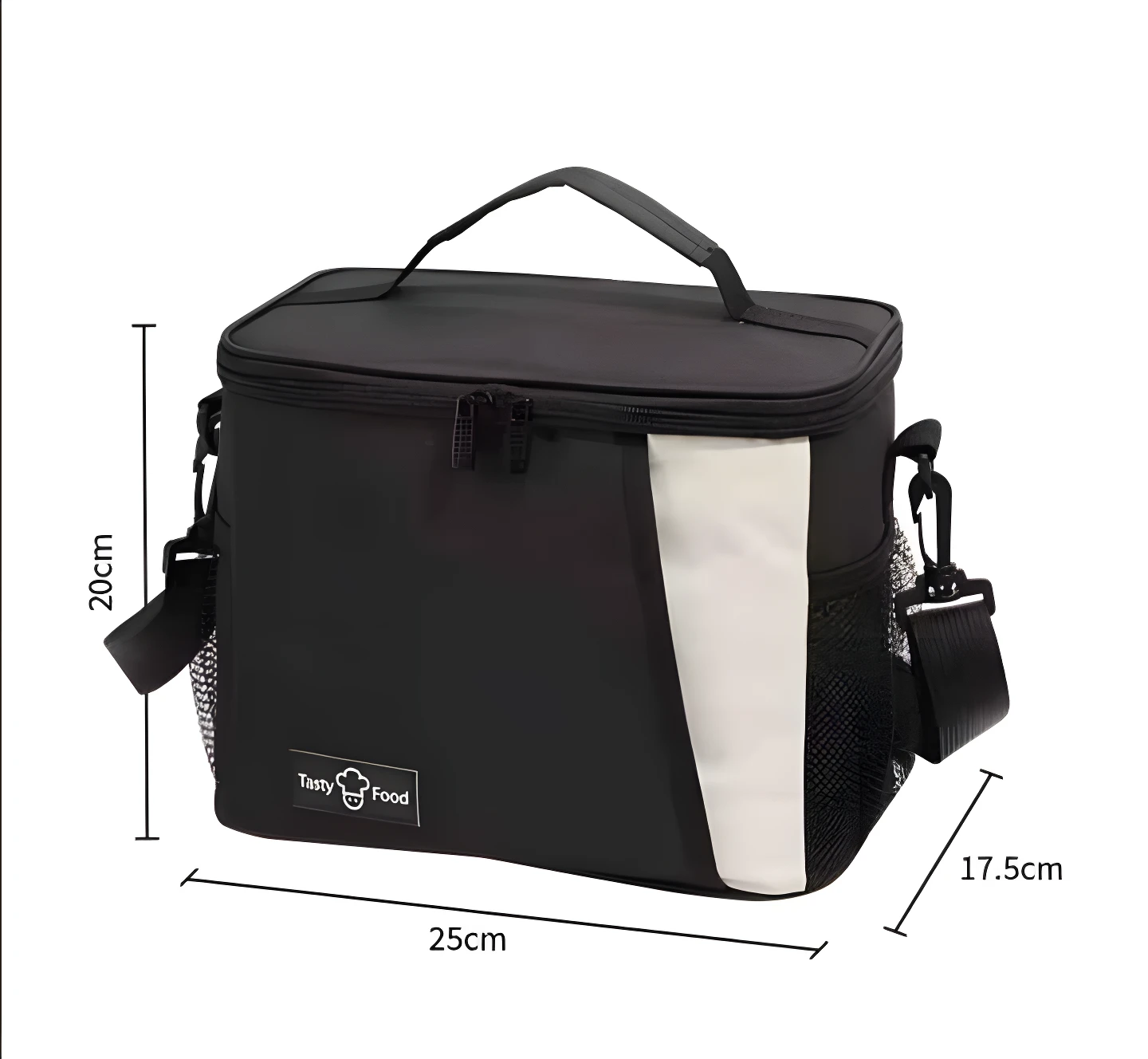 Lonchera térmica negra con panel lateral blanco, compartimento principal con doble cremallera, asas, correa ajustable y bolsillos laterales de malla.