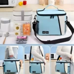 Lonchera térmica azul y blanca con logo, perfecta para llevar alimentos frescos.