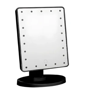 Espejo de maquillaje cuadrado con luz LED integrado, con base negra.