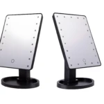 Espejo de maquillaje cuadrado con luz LED, negro, base redonda, dos unidades en ángulo.