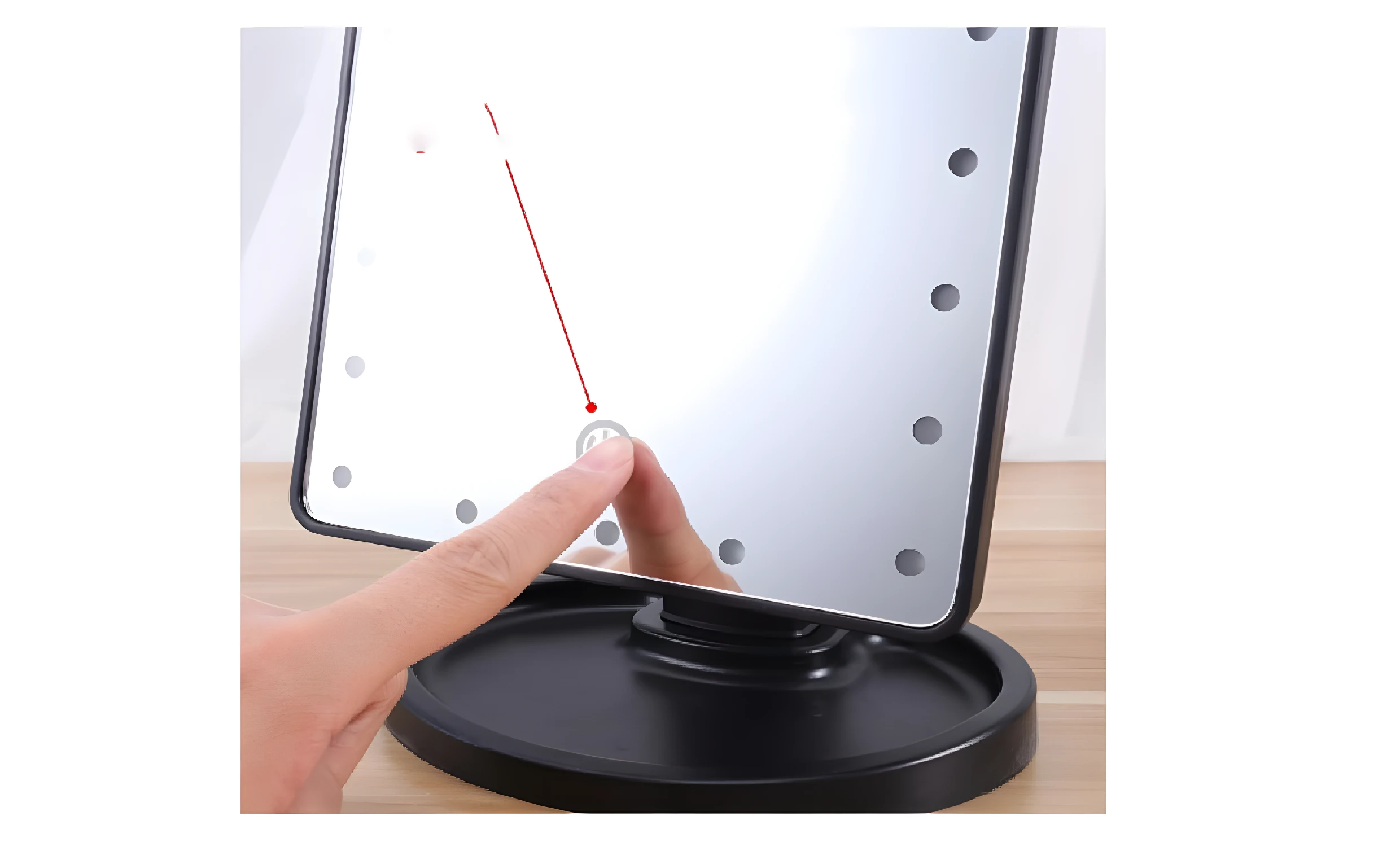 Espejo de maquillaje cuadrado negro con luces LED, tocado por dedo.