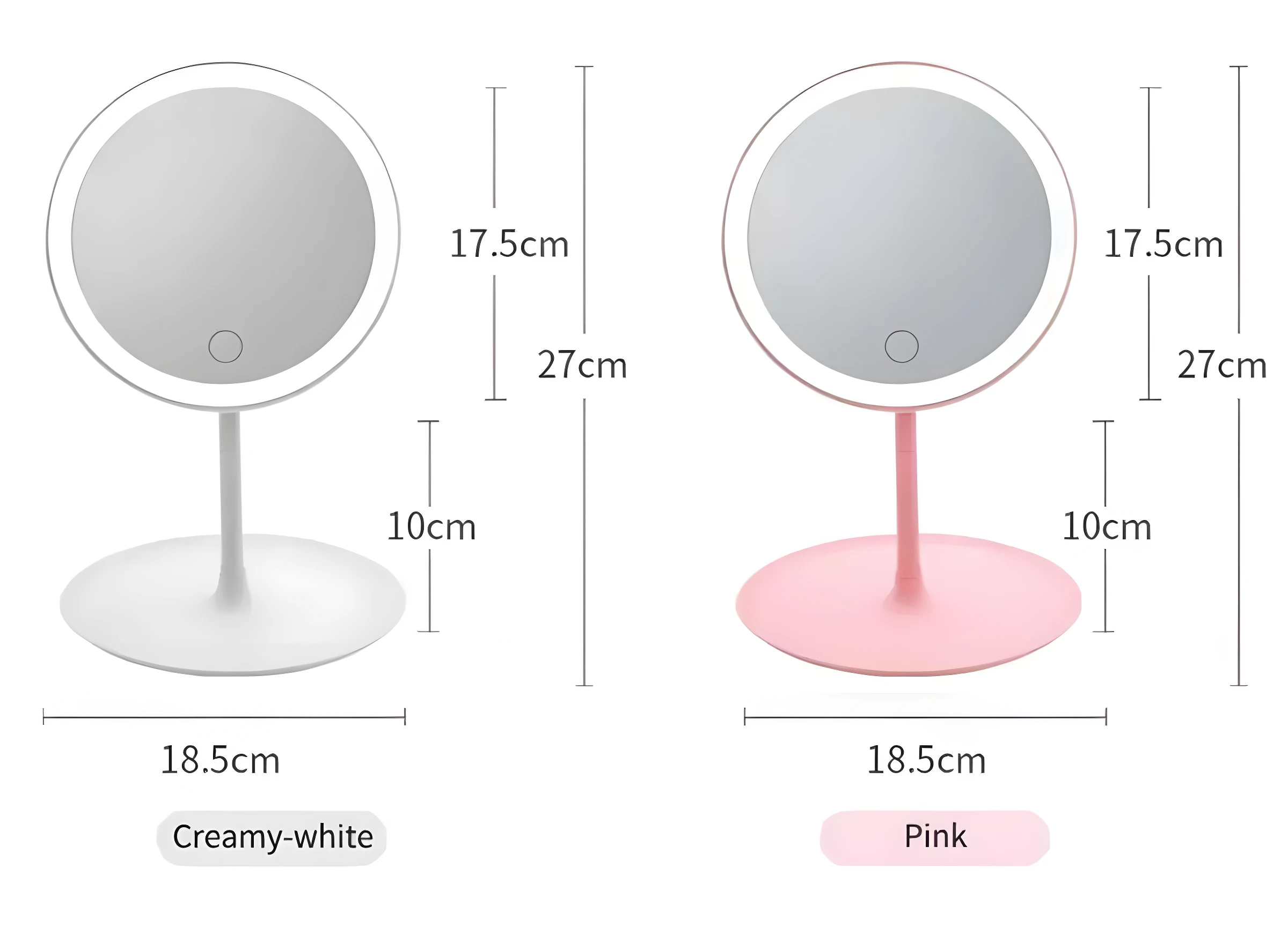 Espejo de tocador LED redondo rosa e blanco, 18.5cm ancho, 27cm alto, táctil.
