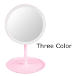 Espejo de tocador LED rosa, inalámbrico, con tres tonalidades de luz, ideal para maquillaje.