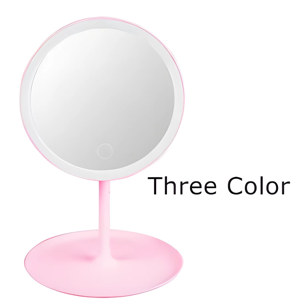 Espejo de tocador LED rosa, inalámbrico, con tres tonalidades de luz, ideal para maquillaje.