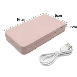 Espejo de maquillaje portátil rosa con luz LED, medidas 16x9x2.5 cm, cable USB.
