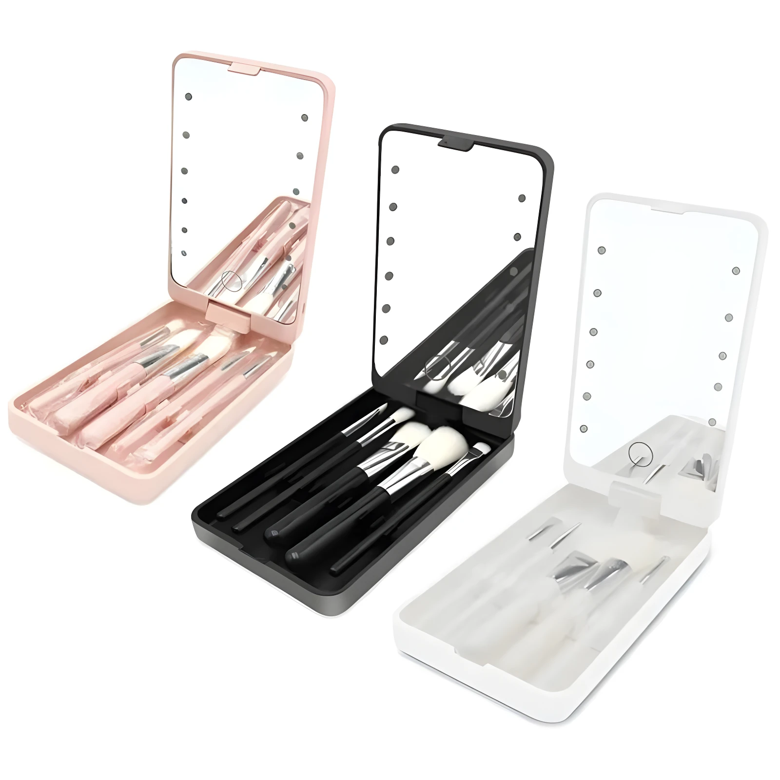Estuche de brochas de maquillaje con espejo LED, disponible en rosa, negro y blanco.
