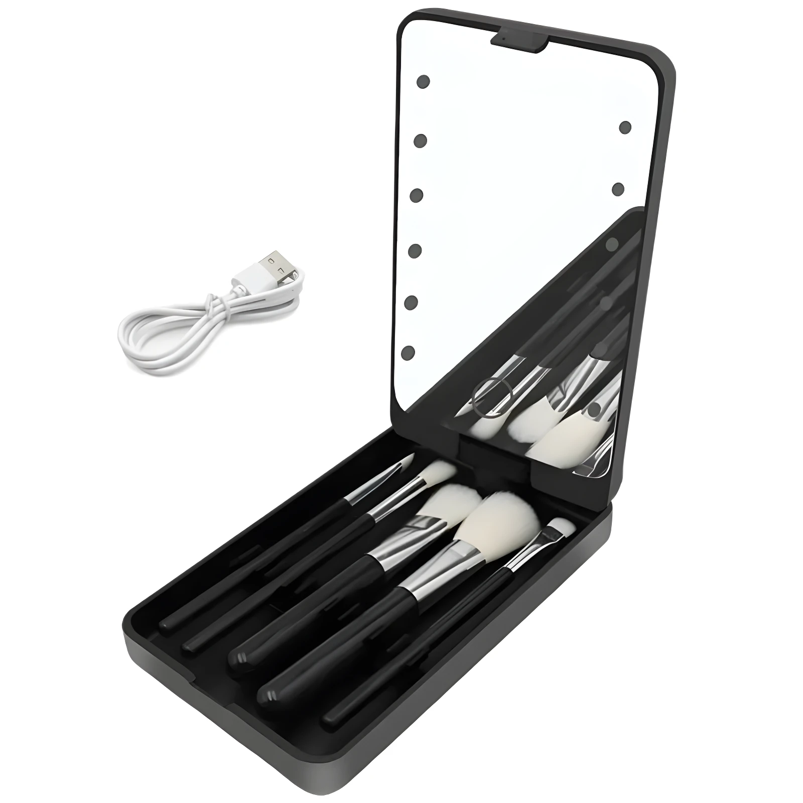 Estuche negro con espejo LED y set de brochas de maquillaje, incluye cable USB blanco.