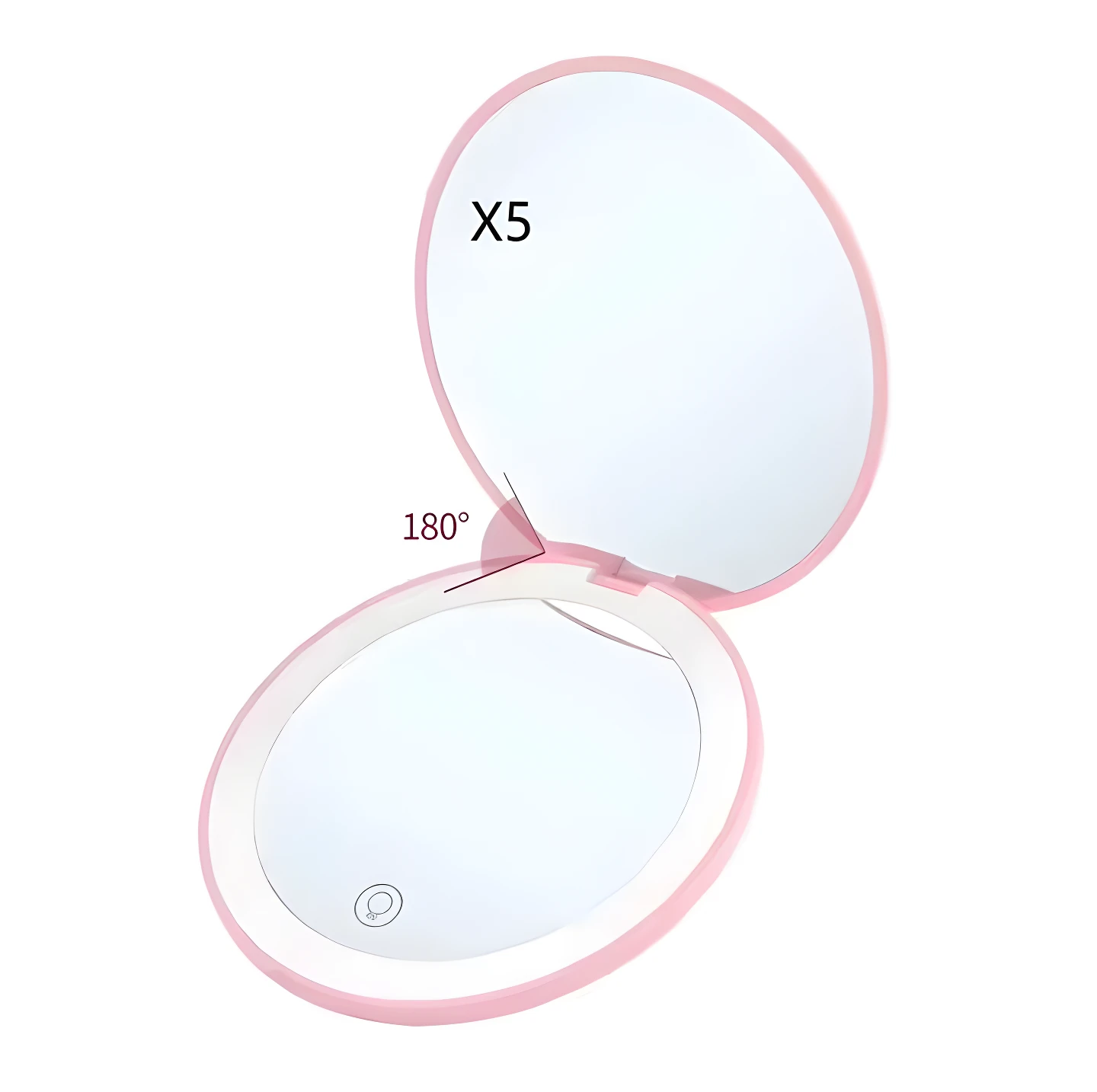Espejo compacto plegable rosa con luz LED, apertura 180° y aumento X5.