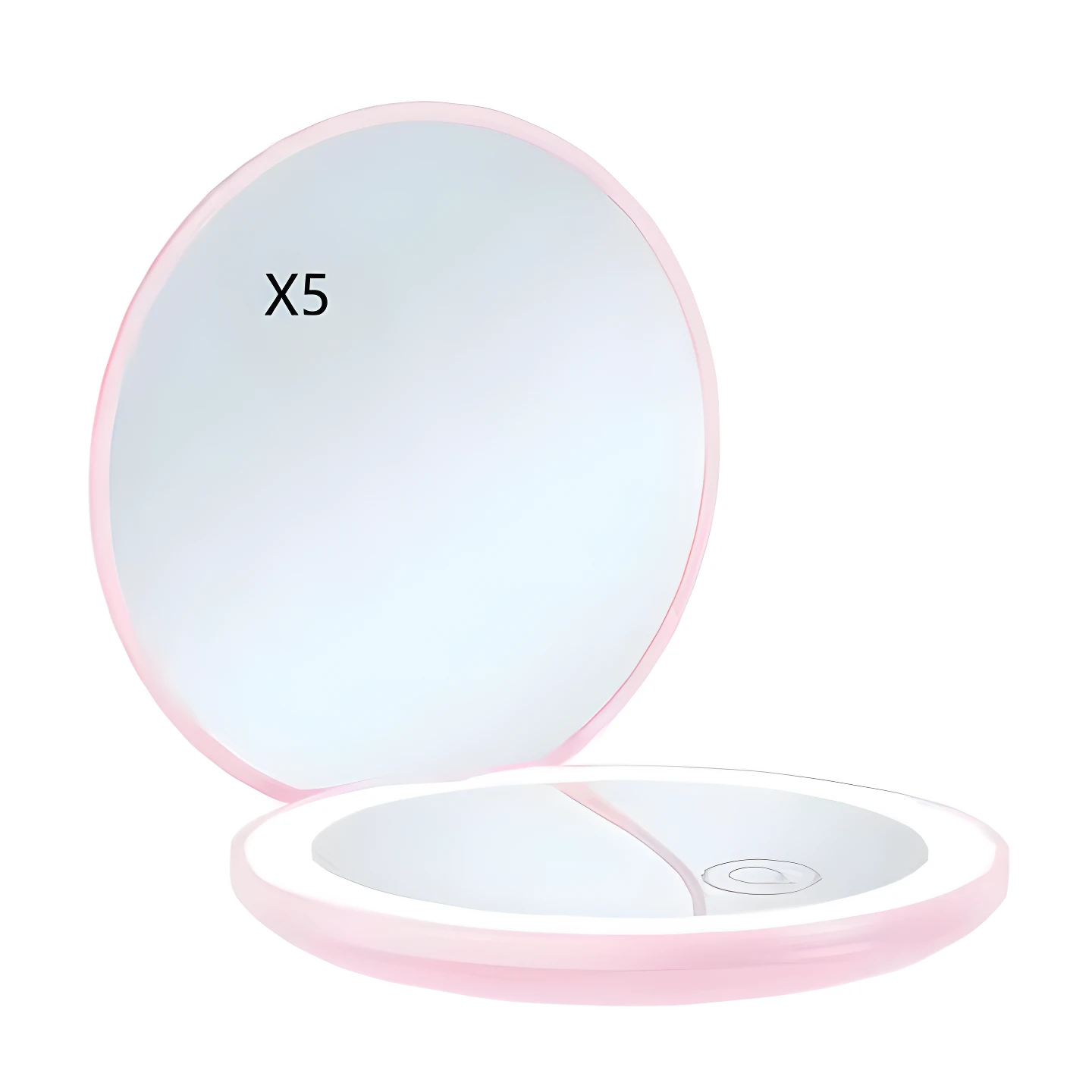 Espejo de maquillaje compacto rosa plegable con luz LED y aumento 5x.