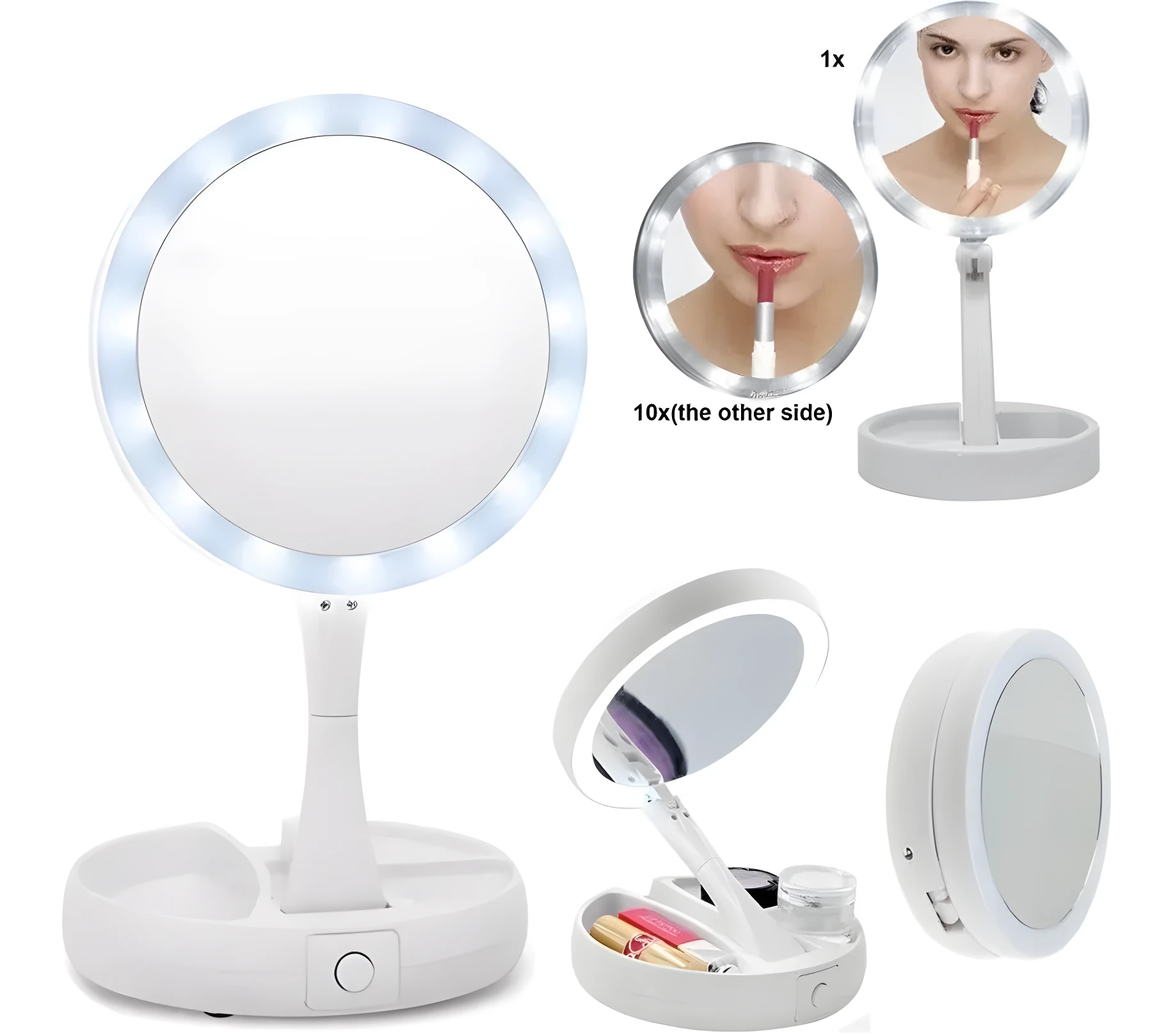 Espejo de maquillaje blanco plegable con luz LED, 10x aumento y compartimentos de almacenamiento.