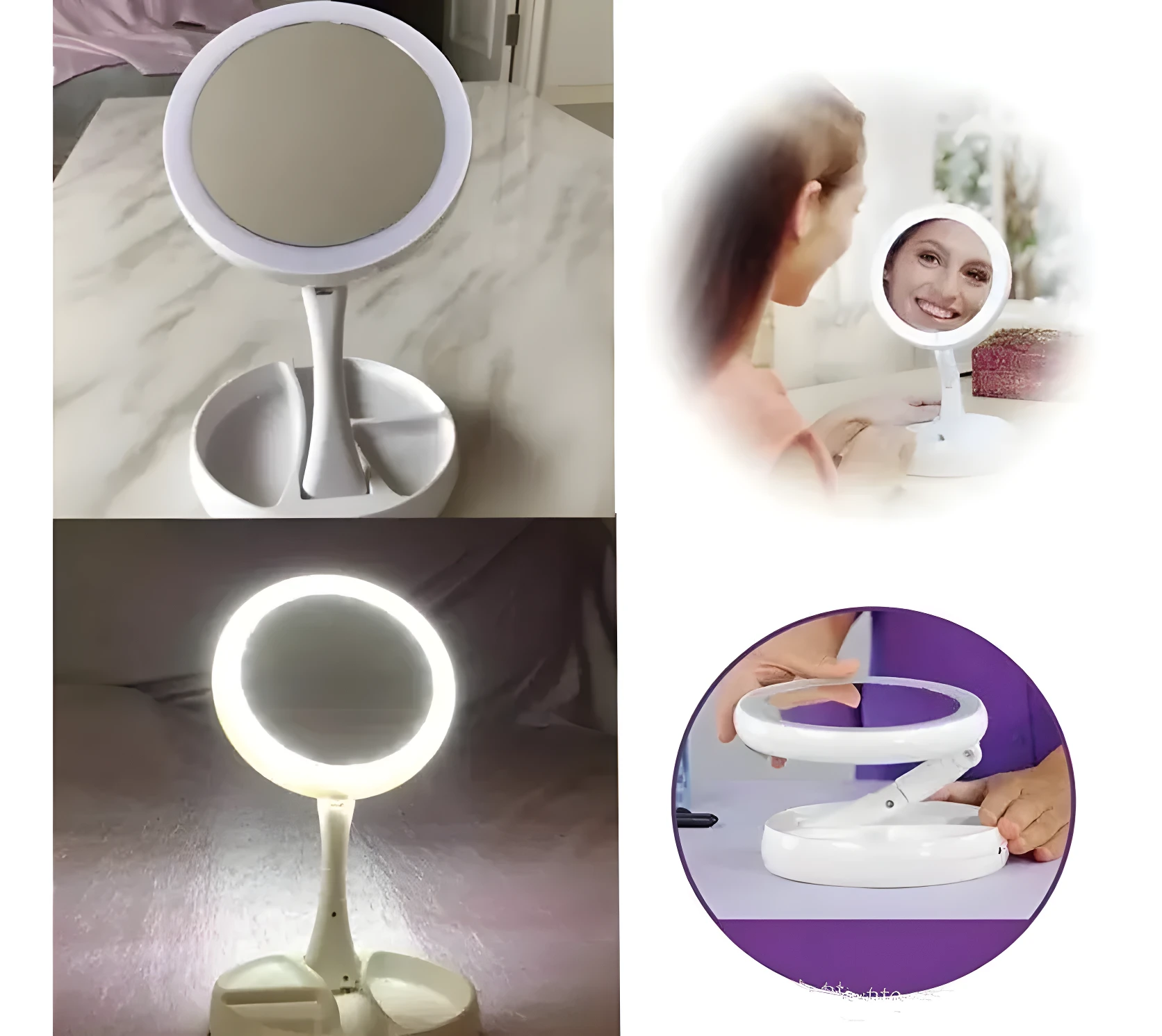 Espejo de maquillaje blanco plegable con luz LED y compartimentos, ideal para aplicar cosméticos.