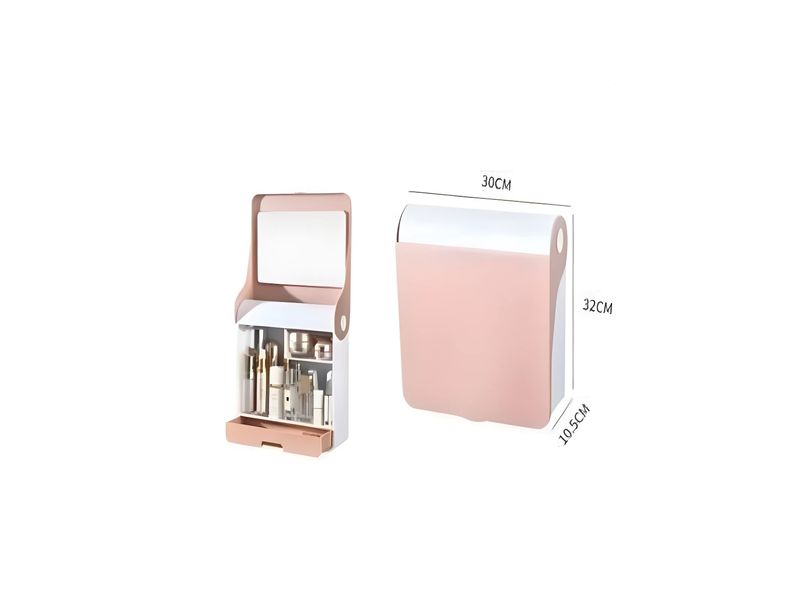 Organizador de maquillaje rosa pastel con espejo, tapa, asas y cajón. Incluye cosméticos. Dimensiones 30x32x10.5 cm.
