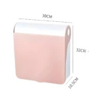 Organizador de maquillaje rosa con tapa, asas y medidas 30x32x10.5 cm, protege cosméticos del polvo.