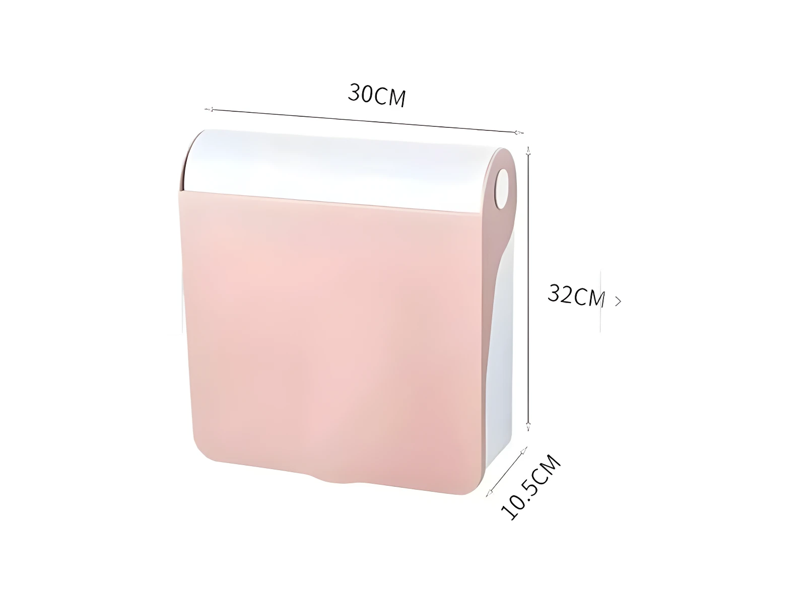 Organizador de maquillaje rosa con tapa, asas y medidas 30x32x10.5 cm, protege cosméticos del polvo.