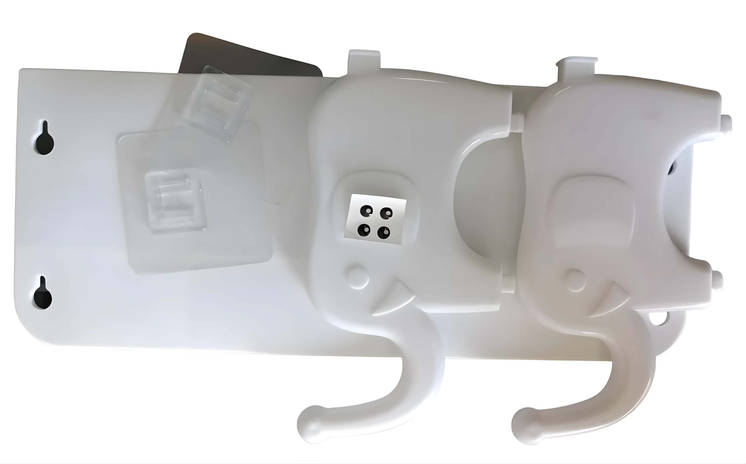Soporte adhesivo blanco con forma de elefante, parte trasera con ganchos negros y almohadillas transparentes para pared.