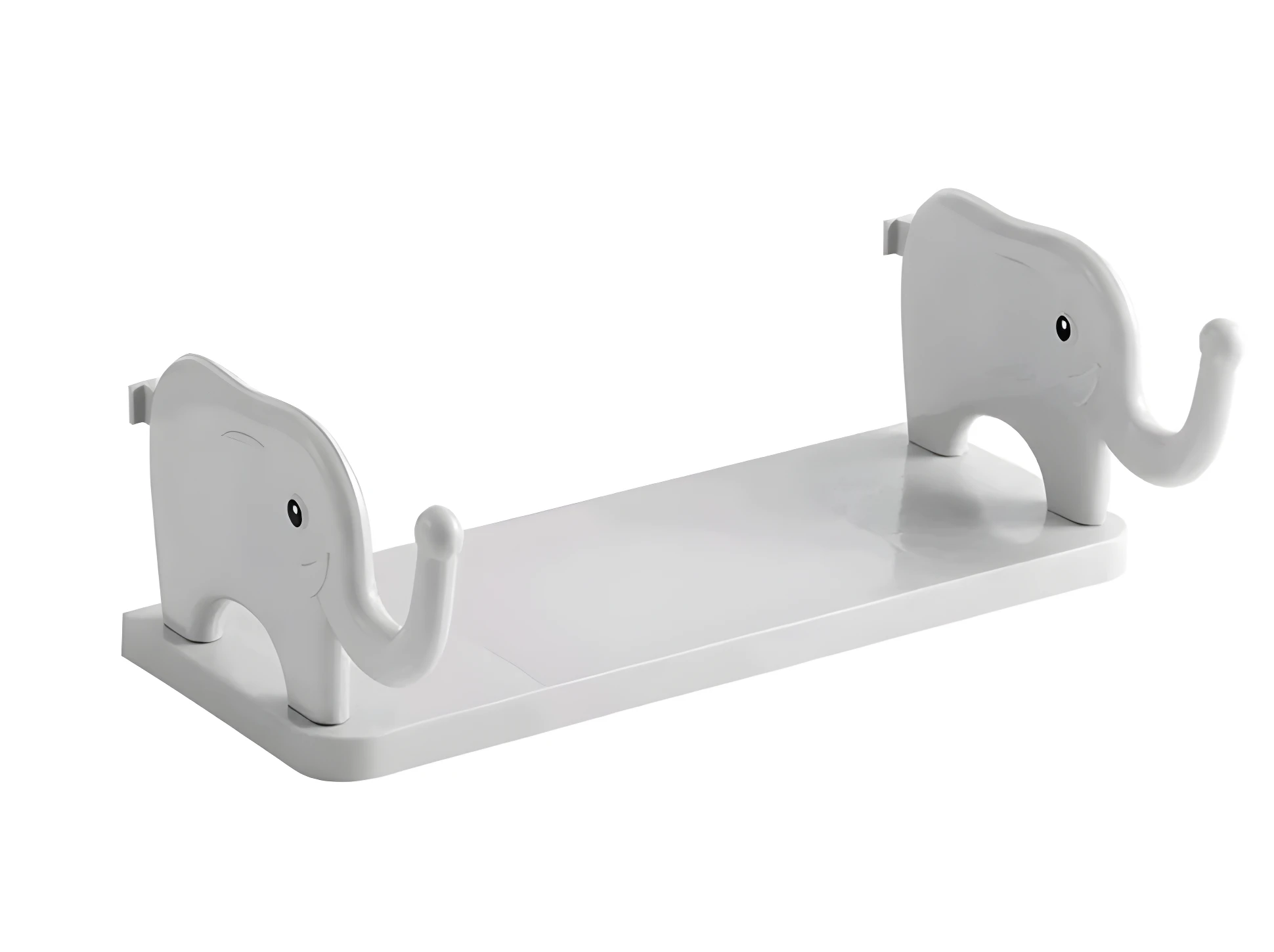 Estante flotante blanco de plástico con soportes laterales en forma de cabeza de elefante sonriente y ganchos de trompa para colgar, ideal para baño o cocina.