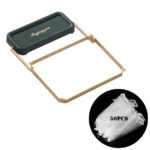 Estante plegable esquinero de fregadero color dorado, con compartimento verde y logo "Byjoyyou", junto a 50 bolsas de malla.
