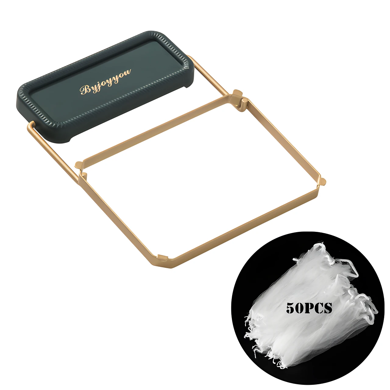 Estante plegable esquinero de fregadero color dorado, con compartimento verde y logo "Byjoyyou", junto a 50 bolsas de malla.