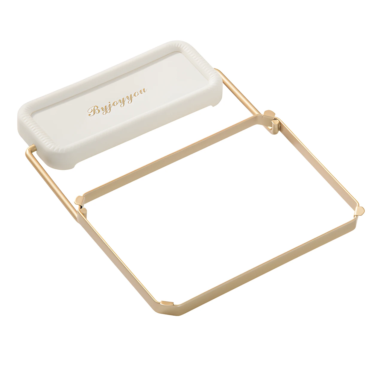 Estante esquinero plegable dorado para fregadero con bandeja blanca y texto "Byjoyyou".