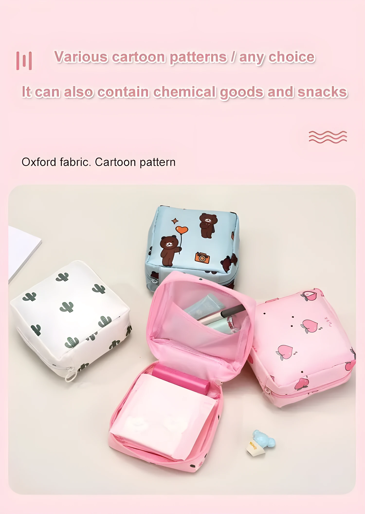 Estuche organizador con diseño de cactus, osos y duraznos, hecho de tela Oxford, ideal para cosméticos y accesorios.