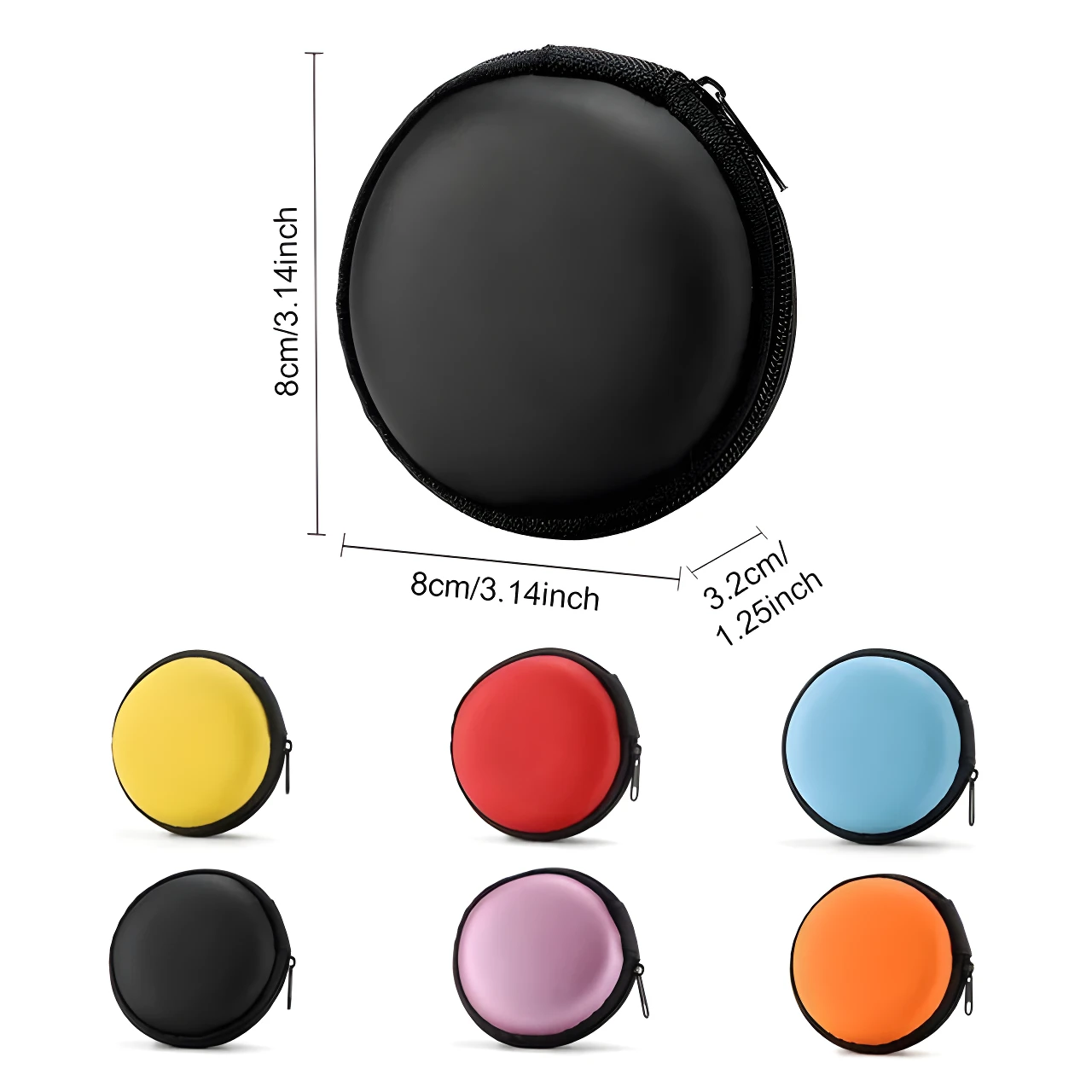 Estuches protectores redondos para audífonos en varios colores: negro, amarillo, rojo, azul, rosa y naranja.