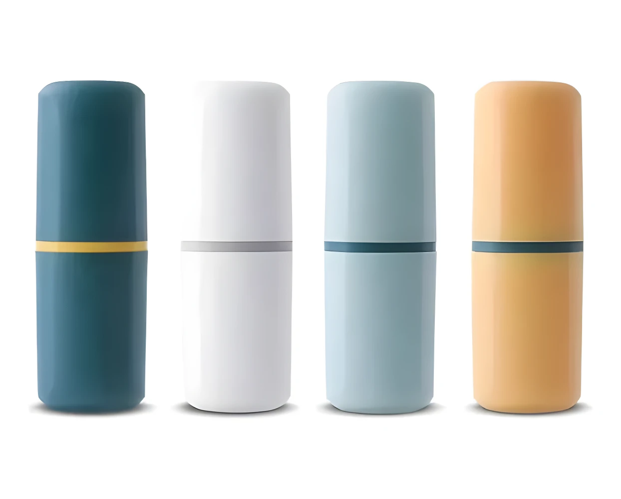 Set x3 estuches para cepillo dental en colores azul, blanco, celeste y naranja, con detalles en contraste.