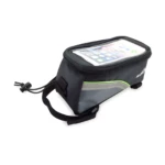 Estuche porta celular para bicicleta negro con visor transparente, tiras de ajuste y logo Sologenic.