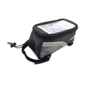 Estuche porta celular para bicicleta negro con visor transparente, tiras de ajuste y logo Sologenic.