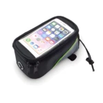 Estuche para celular de bicicleta negro con ventana táctil transparente, cierre cremallera y ajuste de cordón.