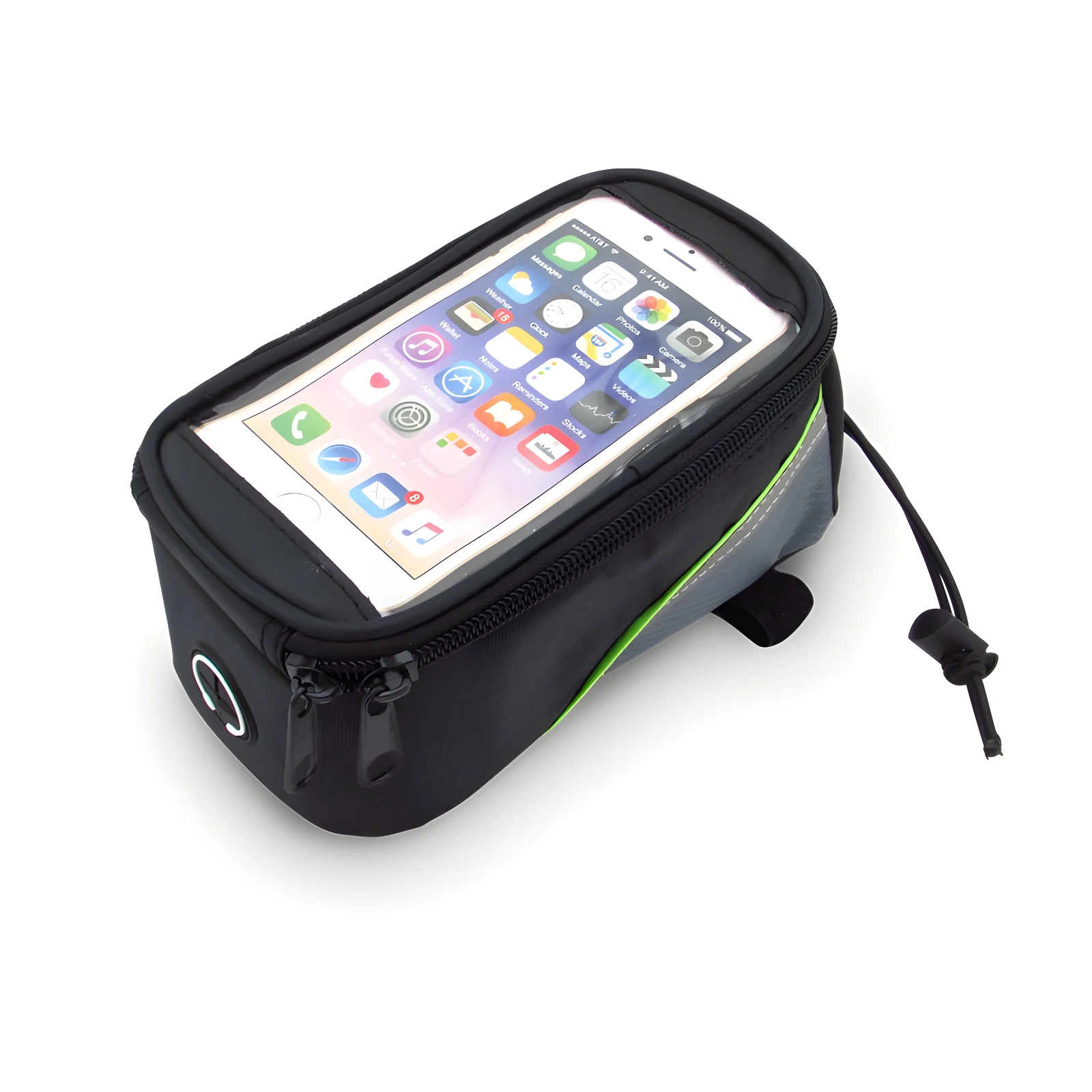 Estuche para celular de bicicleta negro con ventana táctil transparente, cierre cremallera y ajuste de cordón.