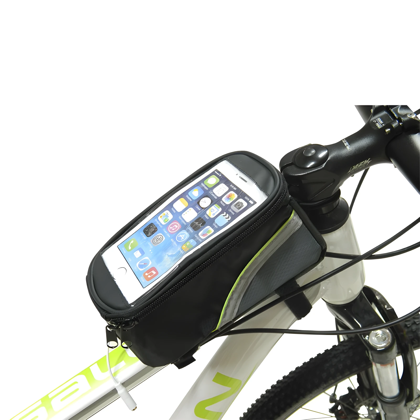 Estuche impermeable para celular de bicicleta, negro, con pantalla táctil y detalle verde.
