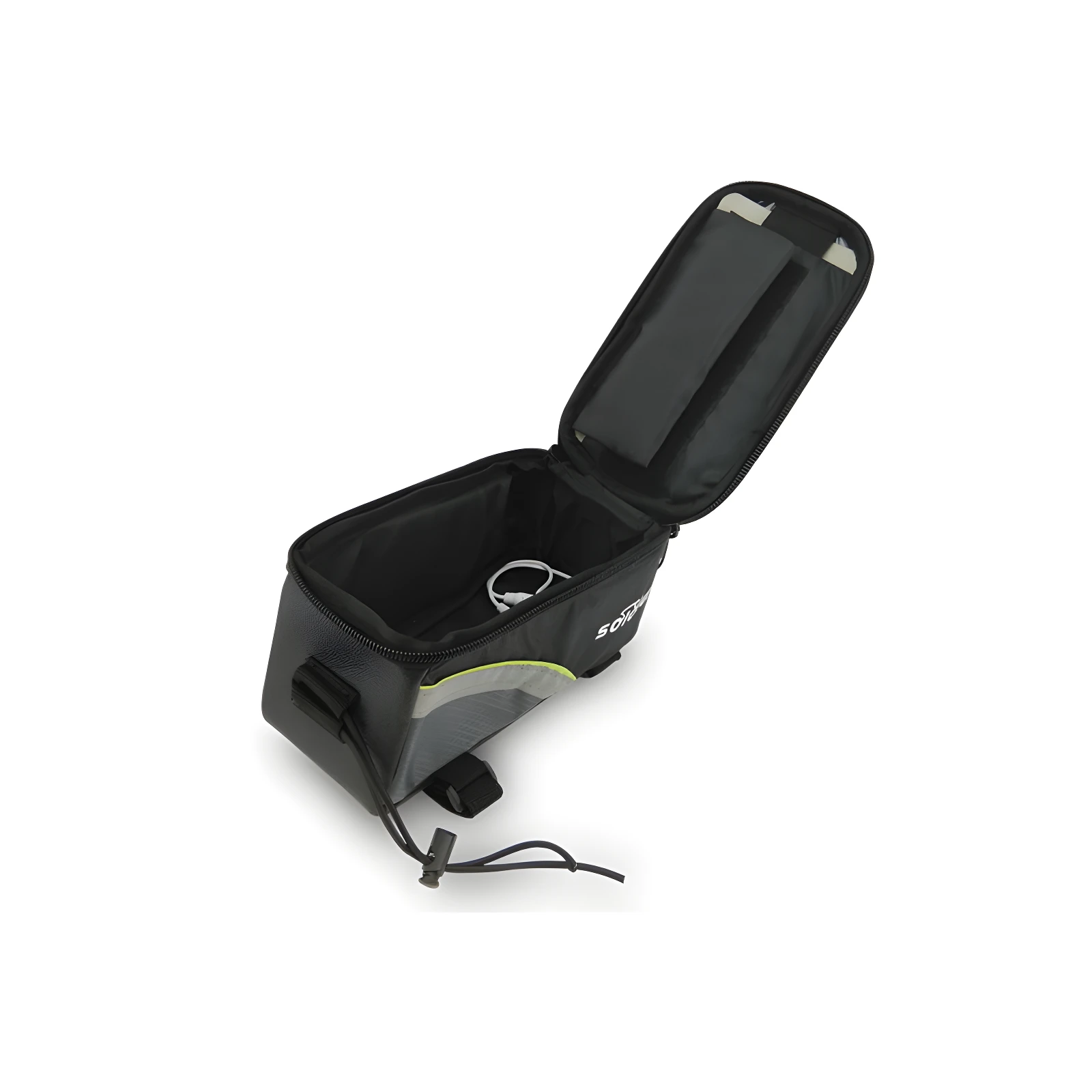 Estuche para celular de bicicleta, negro con franjas reflectantes, abierto con cable dentro.