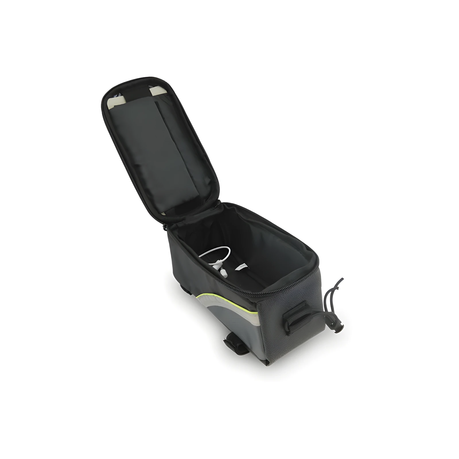 Estuche porta celular para bicicleta, negro, abierto, con cable blanco en interior.