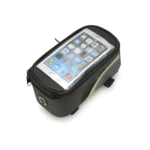 Estuche para celular de bicicleta negro con pantalla táctil transparente y detalles reflectantes.