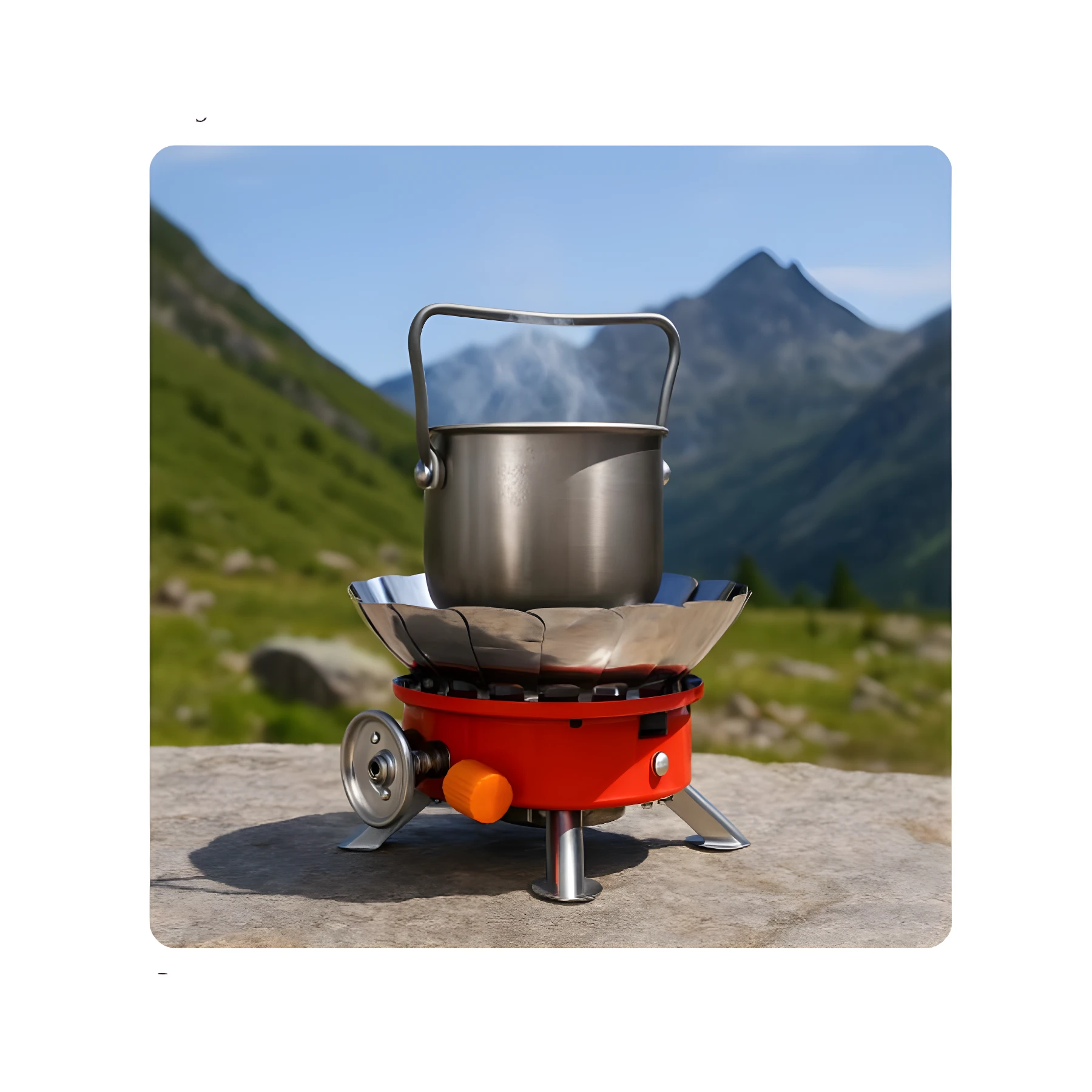 Estufa de camping roja portátil Kovar K-203 calentando agua en una olla metálica sobre roca, con fondo de montaña verde y cielo azul.