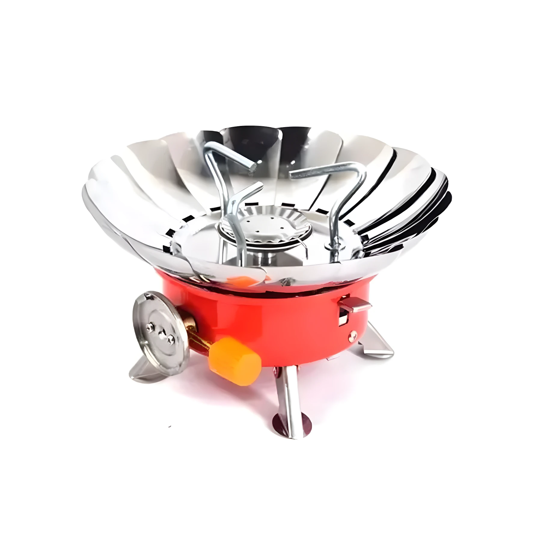 Estufa portátil de camping Kovar K-203, cuerpo rojo, quemador metálico plateado con parabrisas plegable y control de gas lateral.