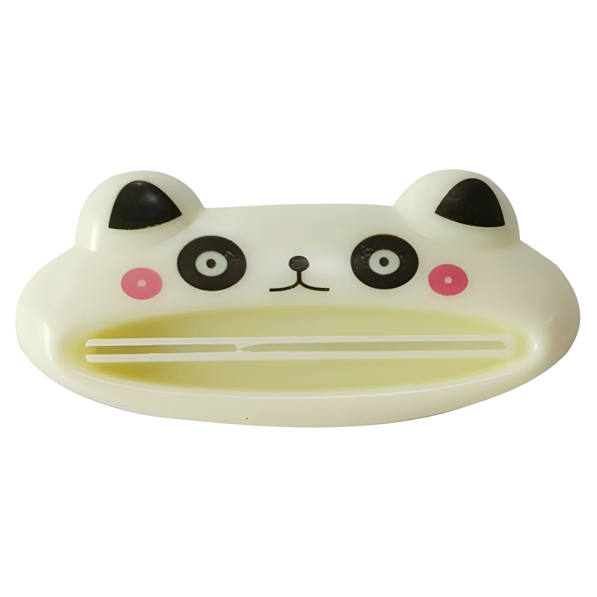 Exprimidor pasta dental blanco forma de panda con ranuras para dispensar.
