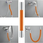 Manguera flexible naranja y cromada para extensor de grifería de ducha y lavadero, mostrando usos múltiples.