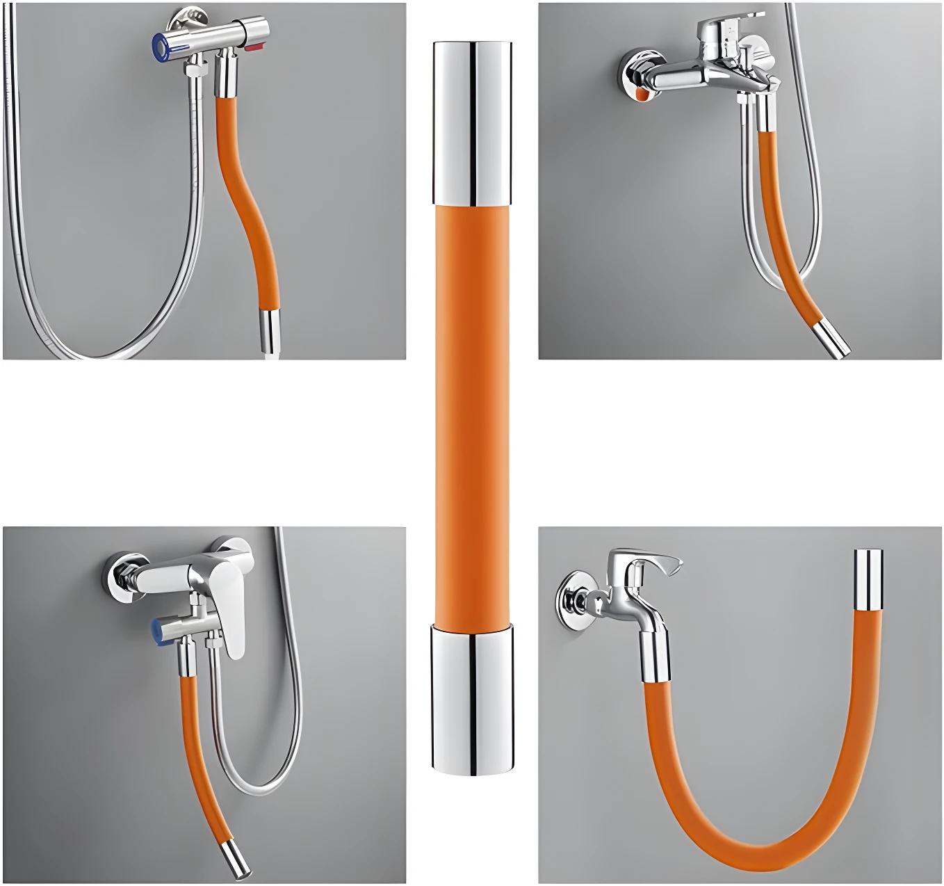 Manguera flexible naranja y cromada para extensor de grifería de ducha y lavadero, mostrando usos múltiples.