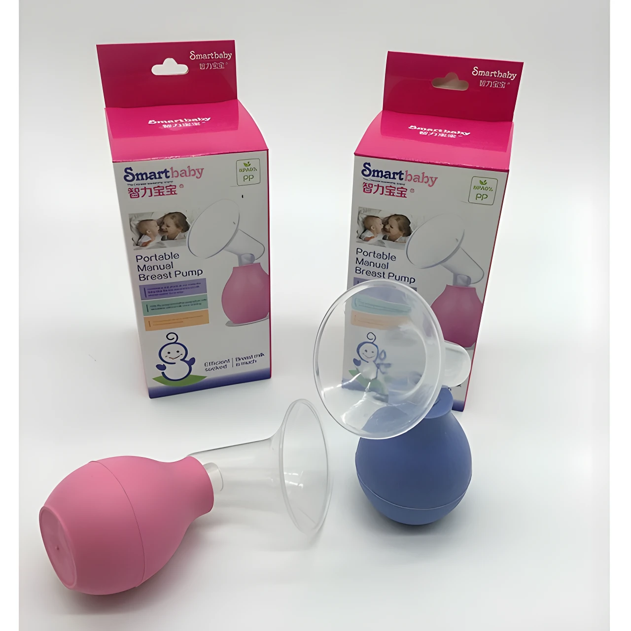 Dos extractores de leche manuales Smartbaby: uno rosa, otro azul, con sus cajas rosas.