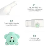 Extractor nasal bebé oso menta: cabezal silicona suave, botella transparente y diseño ergonómico para fácil succión.
